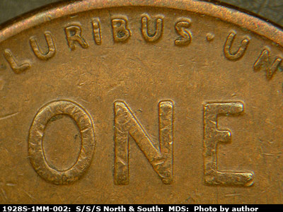 Die-stage B marker on 1928S•1MM•002 (1928 Repunched Mint Mark).