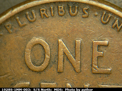 Die-stage B marker on 1928S•1MM•003 (1928 Repunched Mint Mark).
