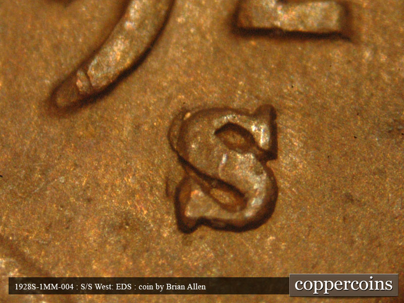 Die-stage A marker on 1928S•1MM•004 (1928 Repunched Mint Mark).