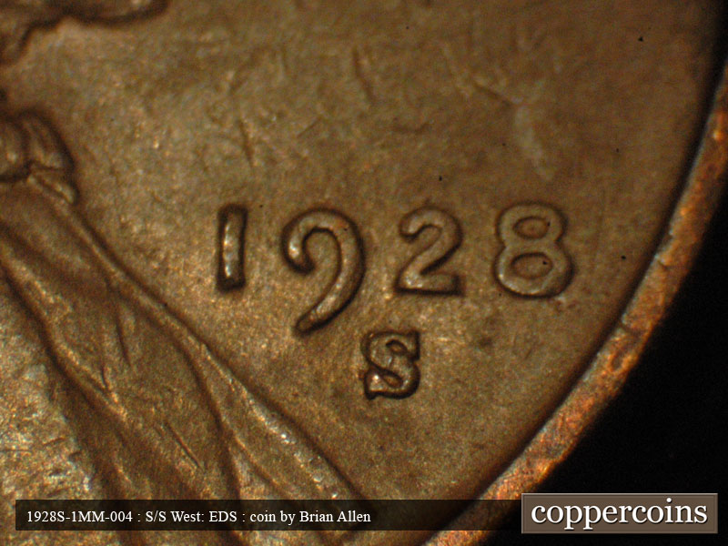 Die-stage A marker on 1928S•1MM•004 (1928 Repunched Mint Mark).