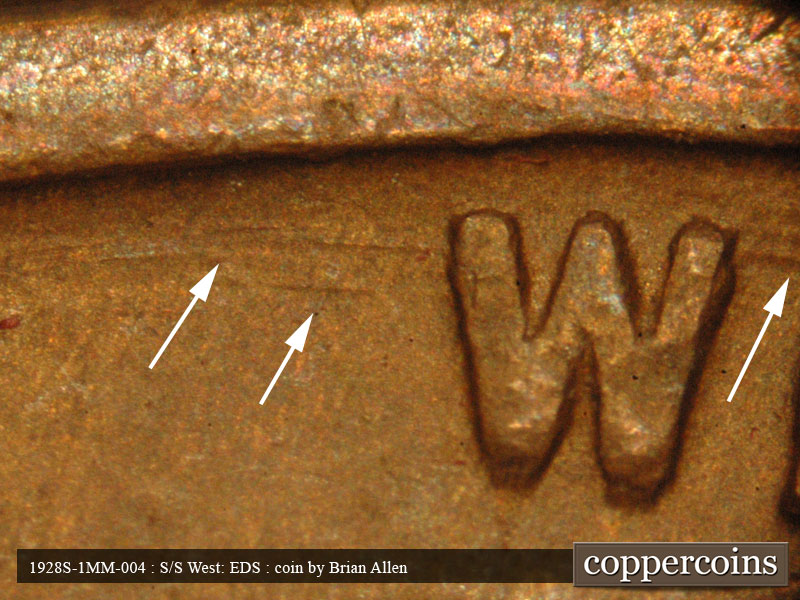 Die-stage A marker on 1928S•1MM•004 (1928 Repunched Mint Mark).