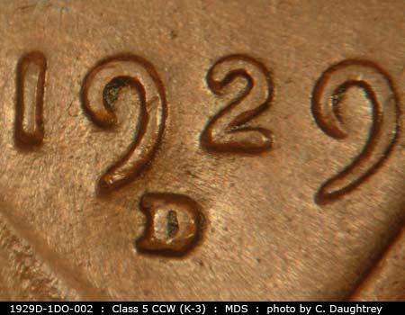 Die-stage B marker on 1929D•1DO•002 (1929 Doubled Die Obverse).
