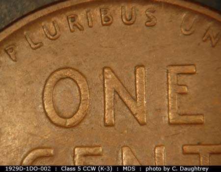 Die-stage B marker on 1929D•1DO•002 (1929 Doubled Die Obverse).