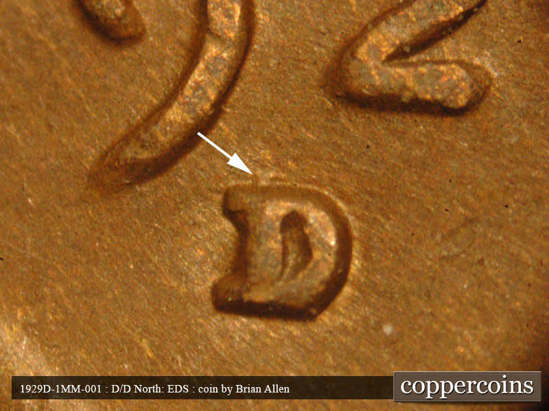 Die-stage A marker on 1929D•1MM•001 (1929 Repunched Mint Mark).