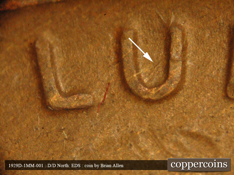 Die-stage A marker on 1929D•1MM•001 (1929 Repunched Mint Mark).