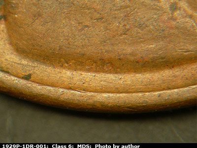 Die-stage B marker on 1929P•1DR•001 (1929 Doubled Die Reverse).