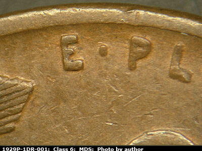 Die-stage B marker on 1929P•1DR•001 (1929 Doubled Die Reverse).
