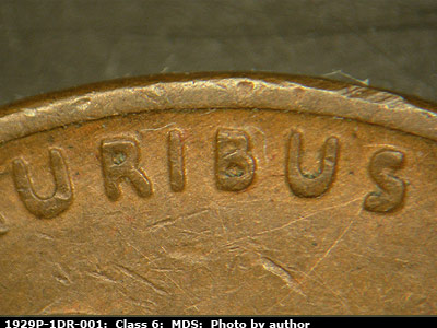 Die-stage B marker on 1929P•1DR•001 (1929 Doubled Die Reverse).