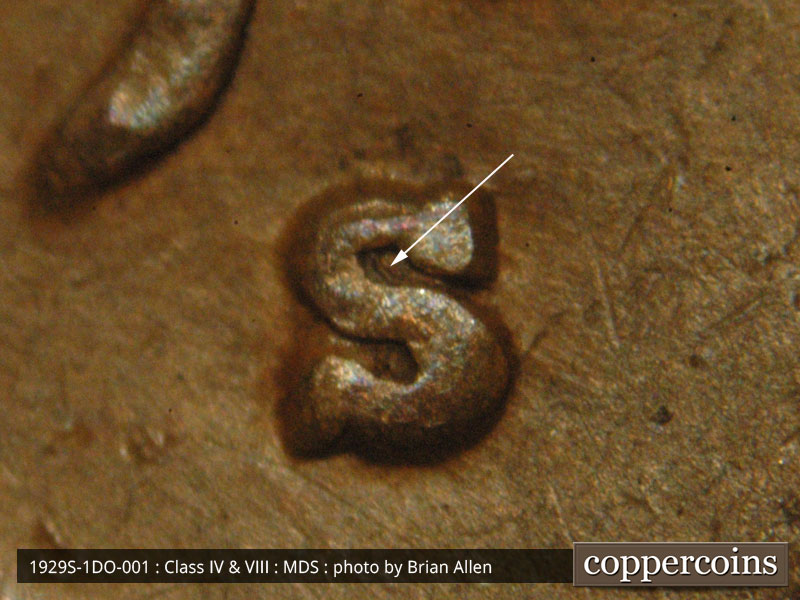 Die-stage B marker on 1929S•1DO•001 (1929 Doubled Die Obverse).
