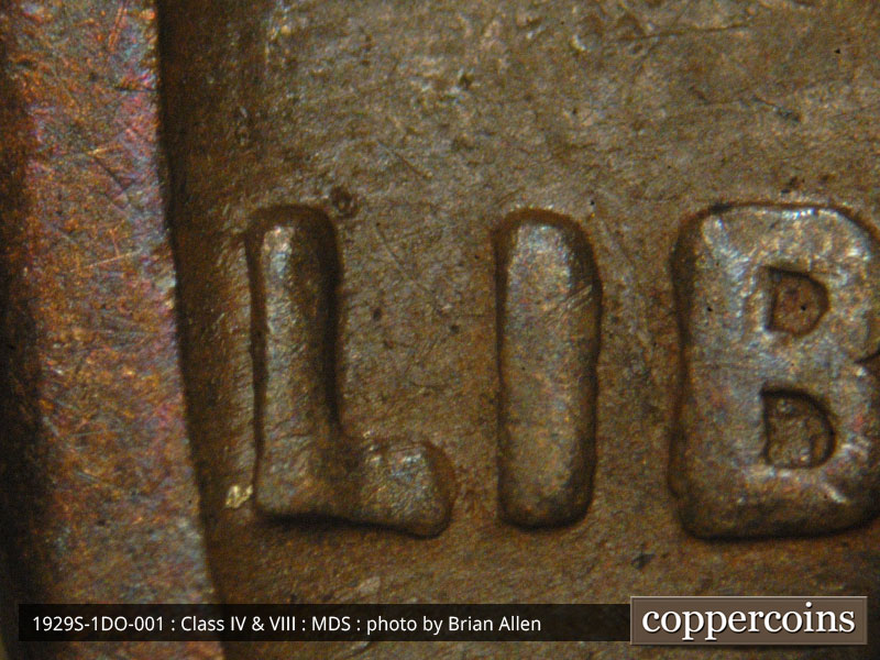 Die-stage B marker on 1929S•1DO•001 (1929 Doubled Die Obverse).