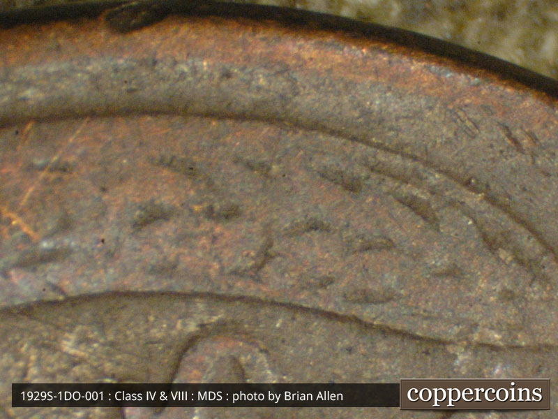 Die-stage B marker on 1929S•1DO•001 (1929 Doubled Die Obverse).