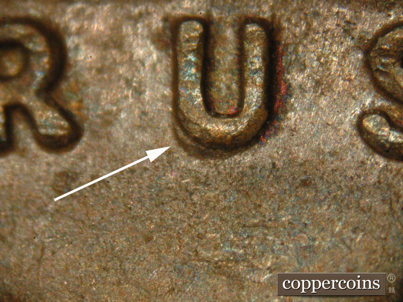 Die-stage B marker on 1929S•1DO•002 (1929 Doubled Die Obverse).