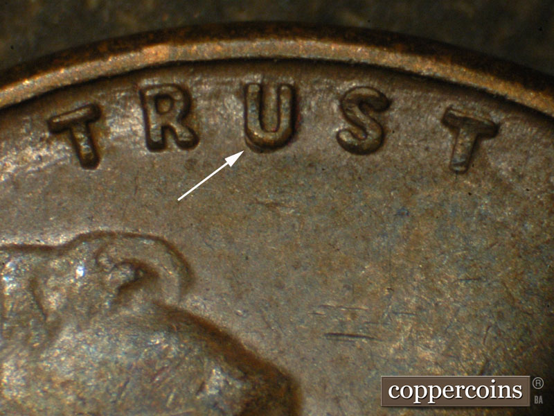 Die-stage B marker on 1929S•1DO•002 (1929 Doubled Die Obverse).