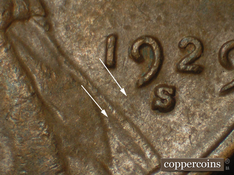 Die-stage B marker on 1929S•1DO•002 (1929 Doubled Die Obverse).