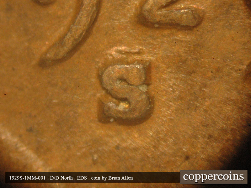 Die-stage A marker on 1929S•1MM•001 showing Closeup of repunched mint mark.