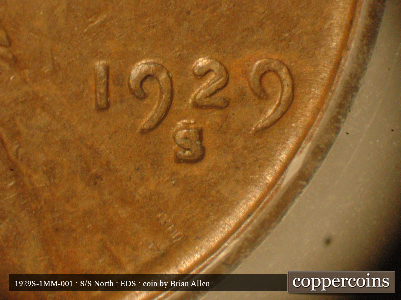 Die-stage A marker on 1929S•1MM•001 showing Die dot under mint mark.