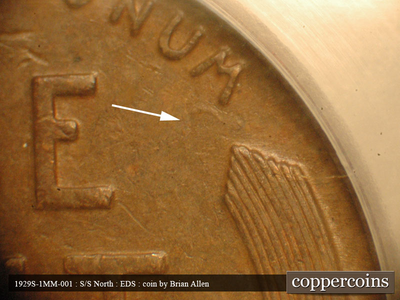Die-stage A marker on 1929S•1MM•001 showing Die clash above right wheat tip.