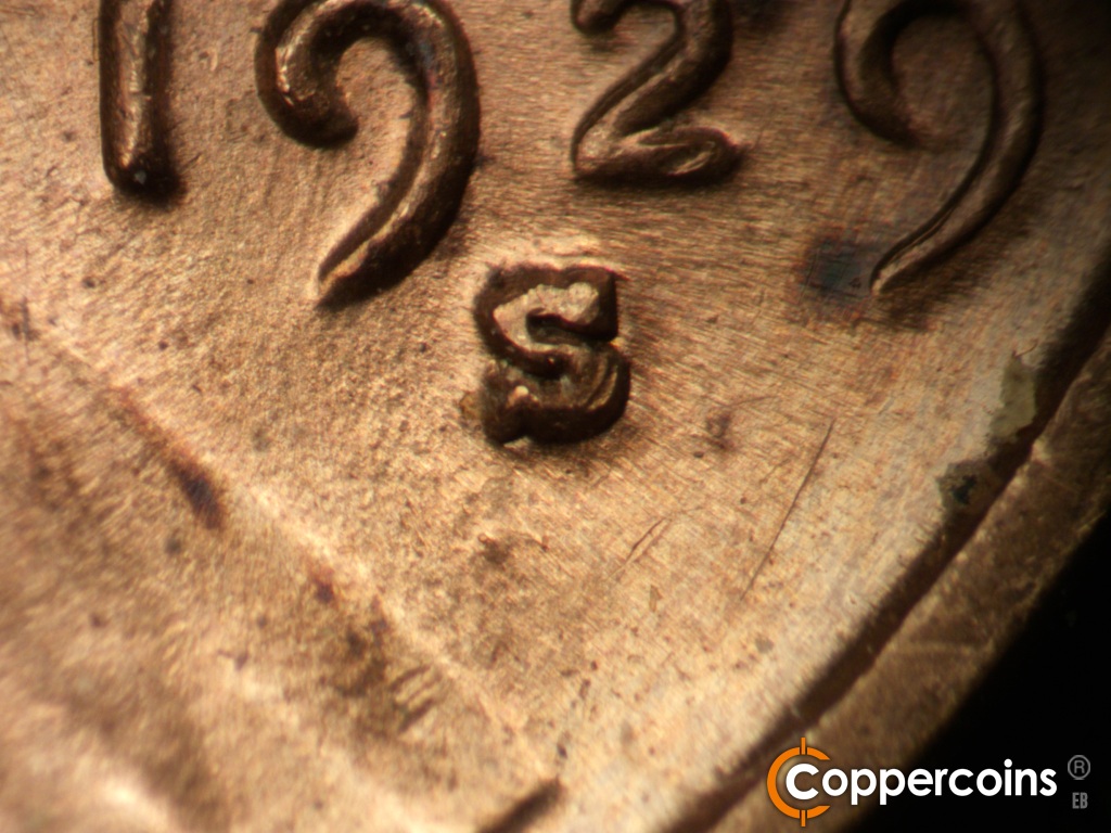 Die-stage B marker on 1929S•1MM•001 showing Closeup of repunche mint mark.