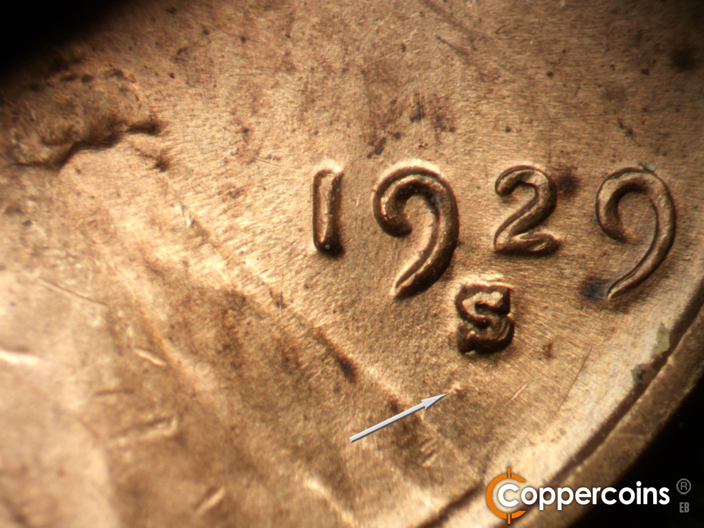 Die-stage B marker on 1929S•1MM•001 showing Die dot below mint mark.