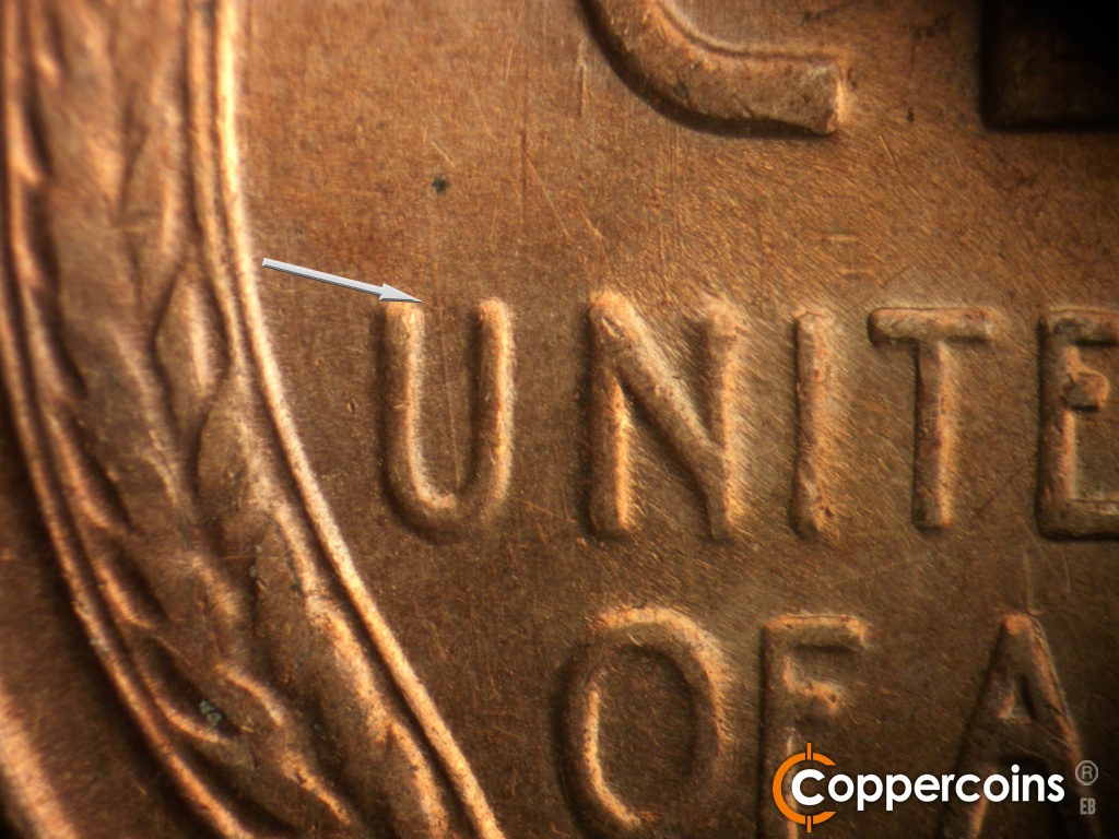 Die-stage B marker on 1929S•1MM•001 showing Die scratch from inside U in UNITED.