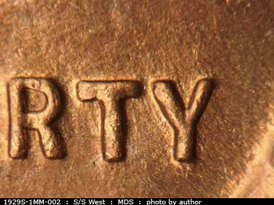 Die-stage B marker on 1929S•1MM•002 (1929 Repunched Mint Mark).