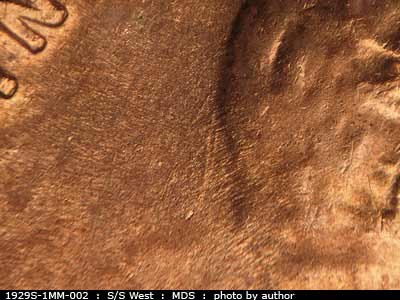 Die-stage B marker on 1929S•1MM•002 (1929 Repunched Mint Mark).
