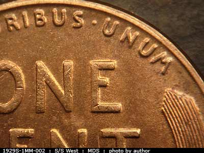 Die-stage B marker on 1929S•1MM•002 (1929 Repunched Mint Mark).