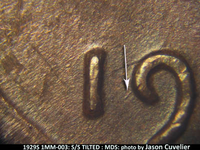 Die-stage B marker on 1929S•1MM•003 (1929 Repunched Mint Mark).