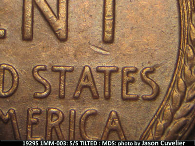 Die-stage B marker on 1929S•1MM•003 (1929 Repunched Mint Mark).