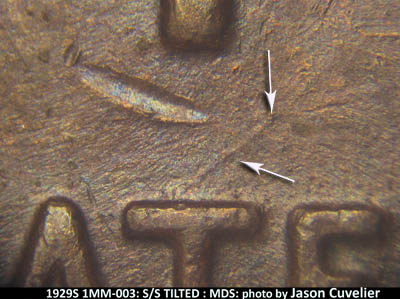 Die-stage B marker on 1929S•1MM•003 (1929 Repunched Mint Mark).