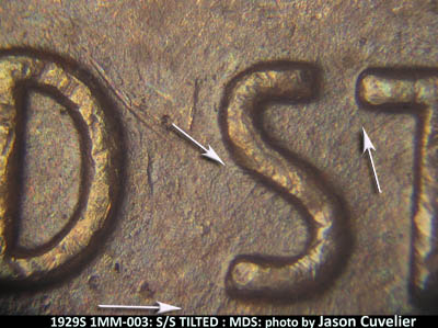 Die-stage B marker on 1929S•1MM•003 (1929 Repunched Mint Mark).
