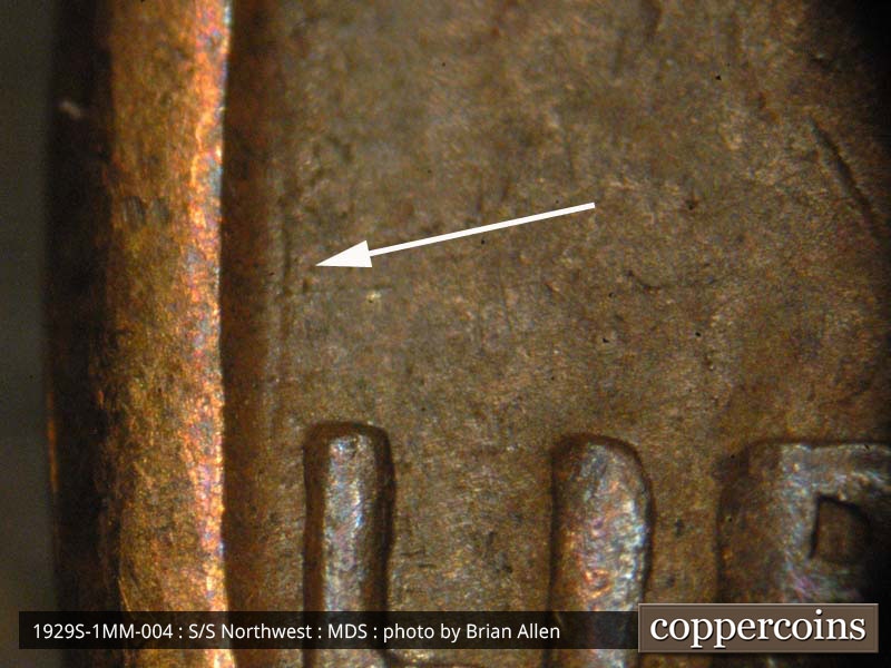 Die-stage B marker on 1929S•1MM•004 (1929 Repunched Mint Mark).