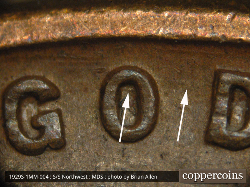 Die-stage B marker on 1929S•1MM•004 (1929 Repunched Mint Mark).