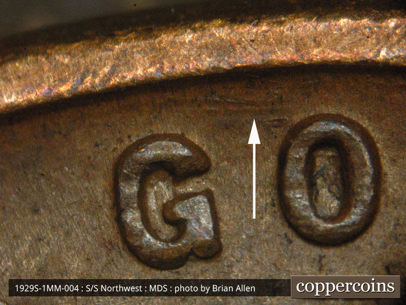 Die-stage B marker on 1929S•1MM•004 (1929 Repunched Mint Mark).