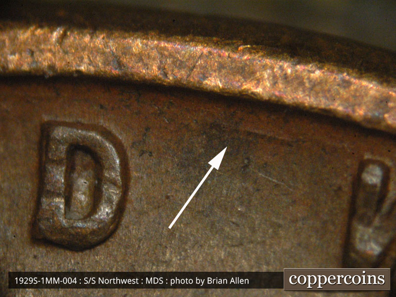 Die-stage B marker on 1929S•1MM•004 (1929 Repunched Mint Mark).