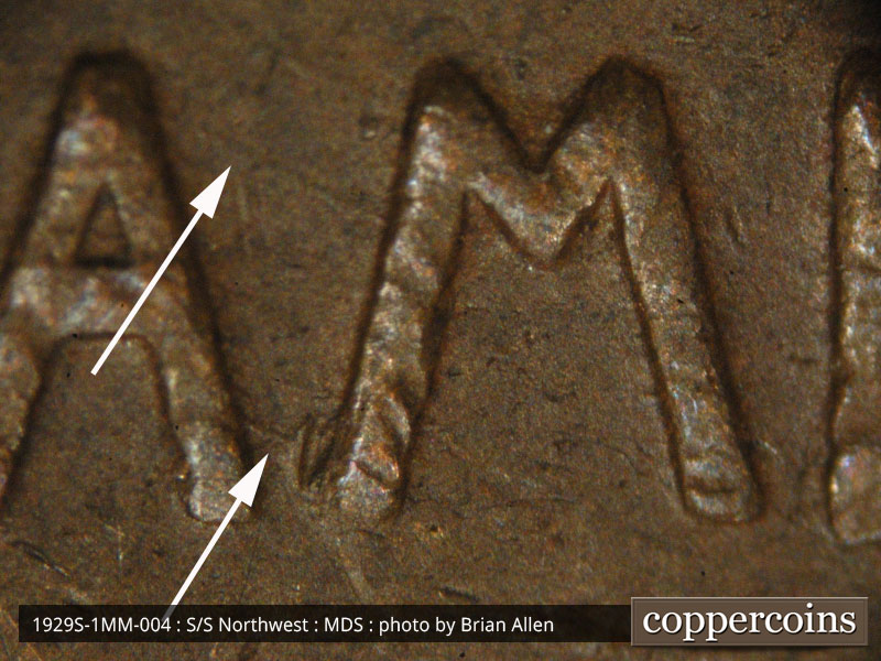 Die-stage B marker on 1929S•1MM•004 (1929 Repunched Mint Mark).
