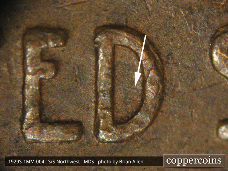 Die-stage B marker on 1929S•1MM•004 (1929 Repunched Mint Mark).