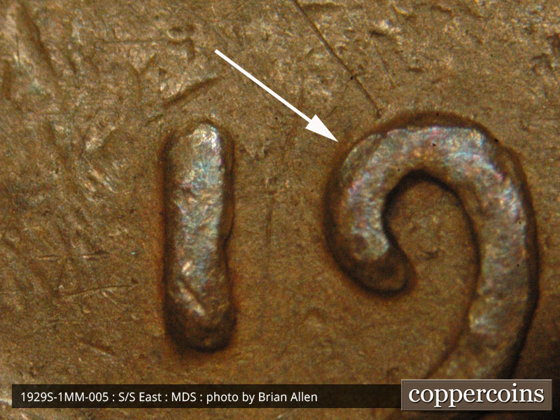 Die-stage B marker on 1929S•1MM•005 (1929 Repunched Mint Mark).