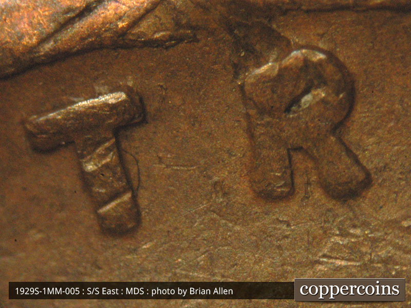 Die-stage B marker on 1929S•1MM•005 (1929 Repunched Mint Mark).