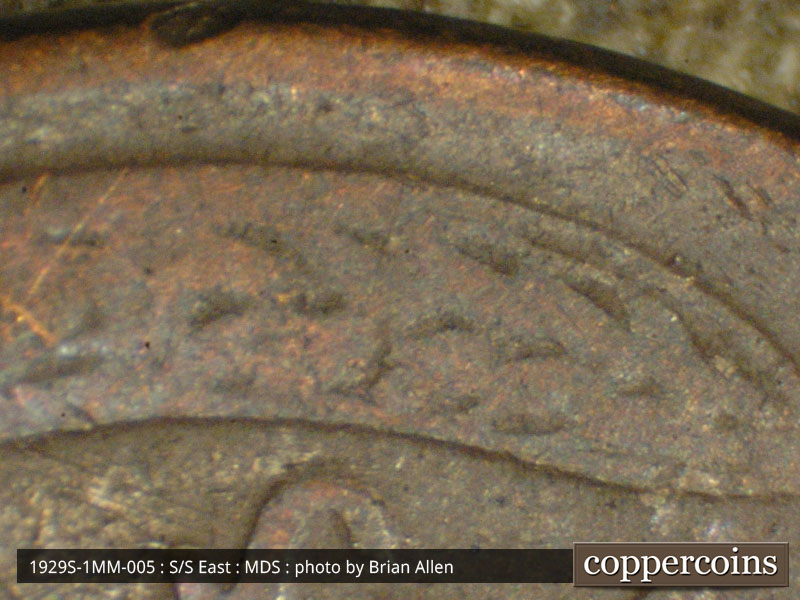 Die-stage B marker on 1929S•1MM•005 (1929 Repunched Mint Mark).