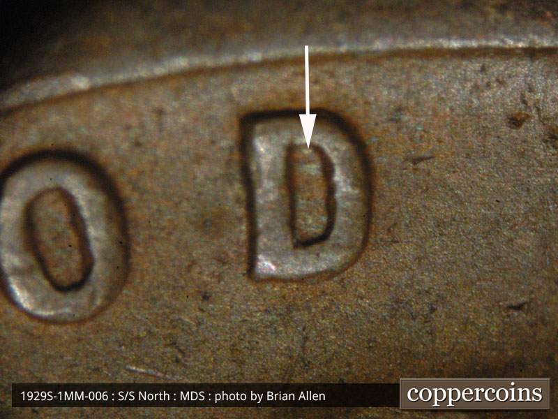 Die-stage B marker on 1929S•1MM•006 (1929 Repunched Mint Mark).