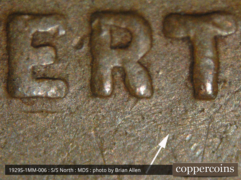 Die-stage B marker on 1929S•1MM•006 (1929 Repunched Mint Mark).