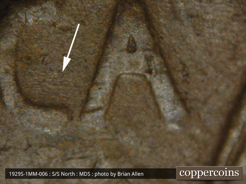 Die-stage B marker on 1929S•1MM•006 (1929 Repunched Mint Mark).