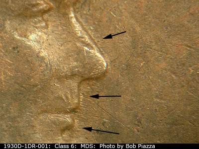 Die-stage B marker on 1930D•1DR•001 (1930 Doubled Die Reverse).
