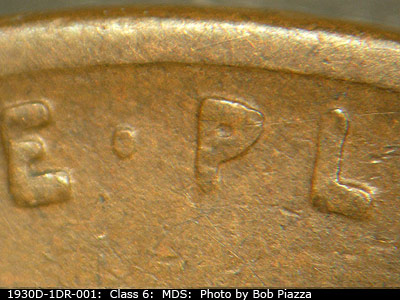Die-stage B marker on 1930D•1DR•001 (1930 Doubled Die Reverse).