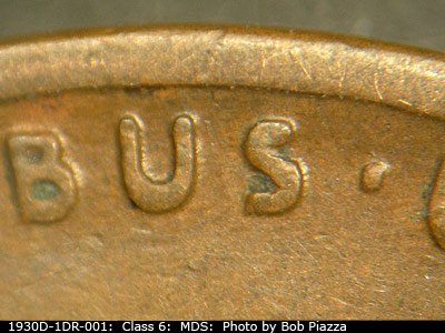 Die-stage B marker on 1930D•1DR•001 (1930 Doubled Die Reverse).
