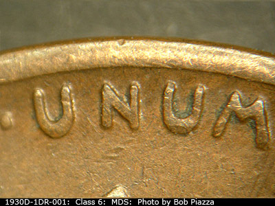 Die-stage B marker on 1930D•1DR•001 (1930 Doubled Die Reverse).
