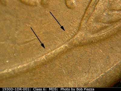 Die-stage B marker on 1930D•1DR•001 (1930 Doubled Die Reverse).