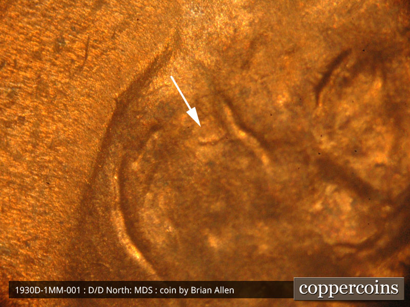 Die-stage B marker on 1930D•1MM•001 (1930 Repunched Mint Mark).