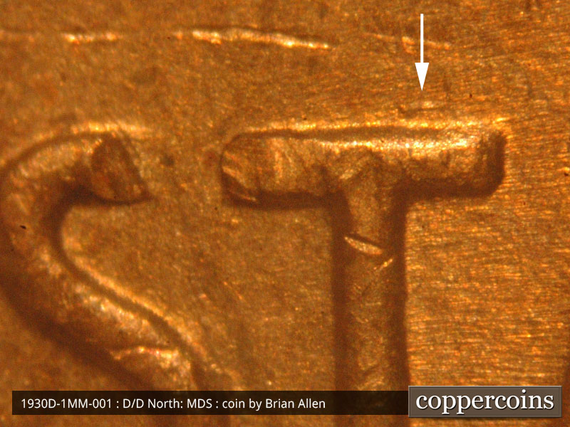 Die-stage B marker on 1930D•1MM•001 (1930 Repunched Mint Mark).